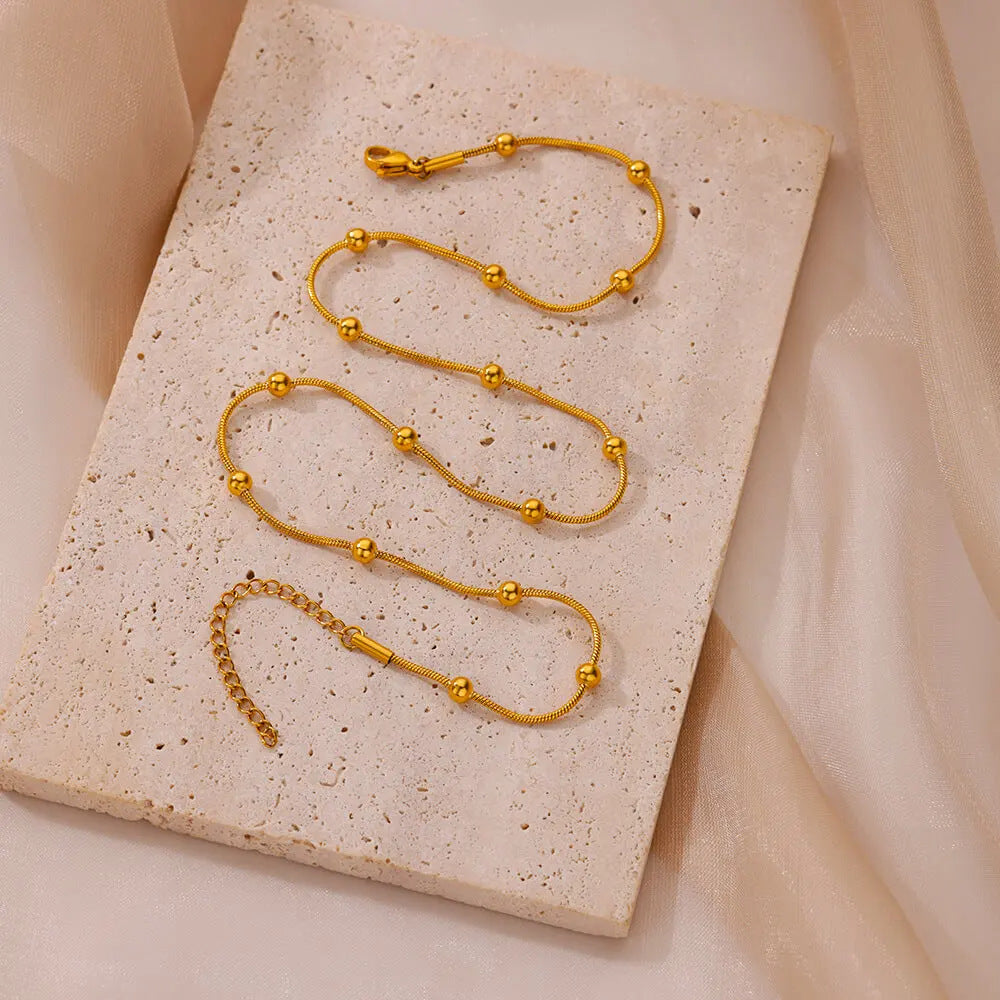 14k Gold Minimalist Beaded Round Snake Chain Necklace