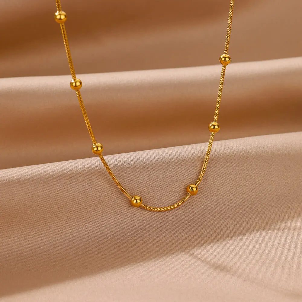 14k Gold Minimalist Beaded Round Snake Chain Necklace
