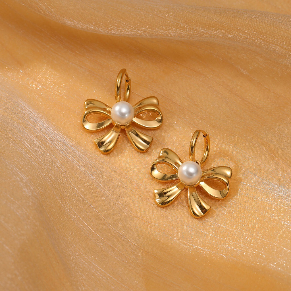 18k Gold Pearl Bow Earrings