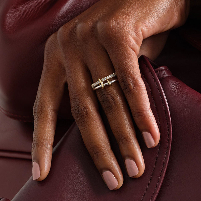 S925 Sterling Silver and 14 kgold Double-layer ring with round cut diamonds