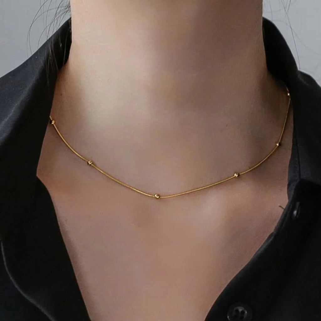 14k Gold Minimalist Beaded Round Snake Chain Necklace