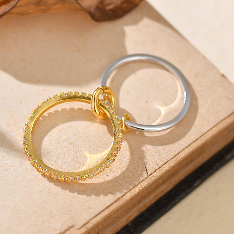 S925 Sterling Silver and 14 kgold Double-layer ring with round cut diamonds