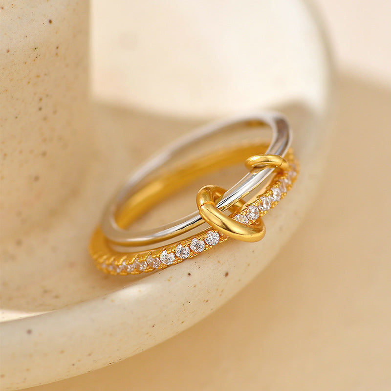 S925 Sterling Silver and 14 kgold Double-layer ring with round cut diamonds