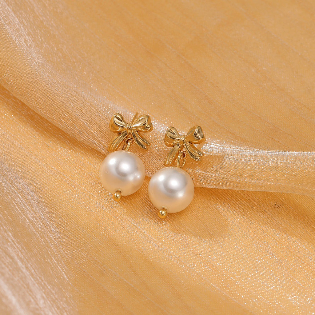 18k Gold Pearl Bow Earrings