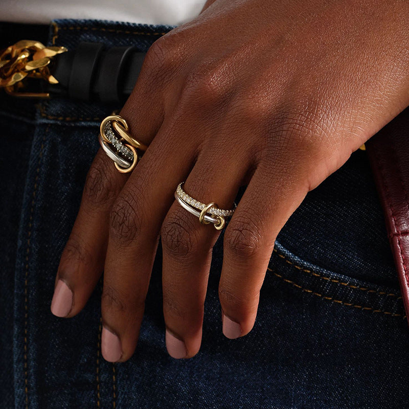 S925 Sterling Silver and 14 kgold Double-layer ring with round cut diamonds