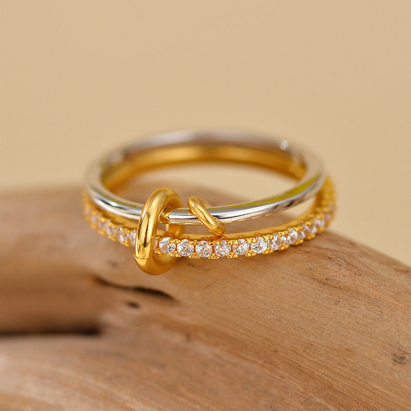 S925 Sterling Silver and 14 kgold Double-layer ring with round cut diamonds