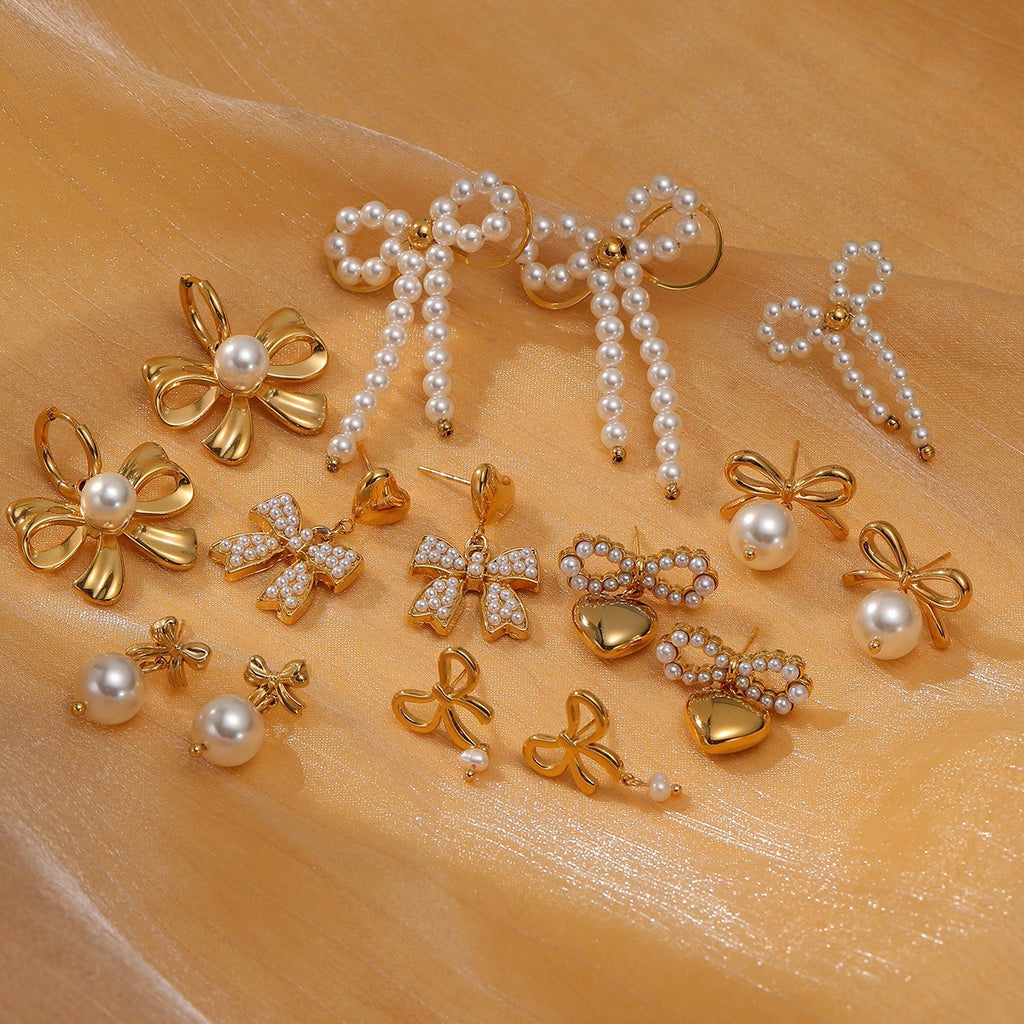 18k Gold Pearl Bow Earrings
